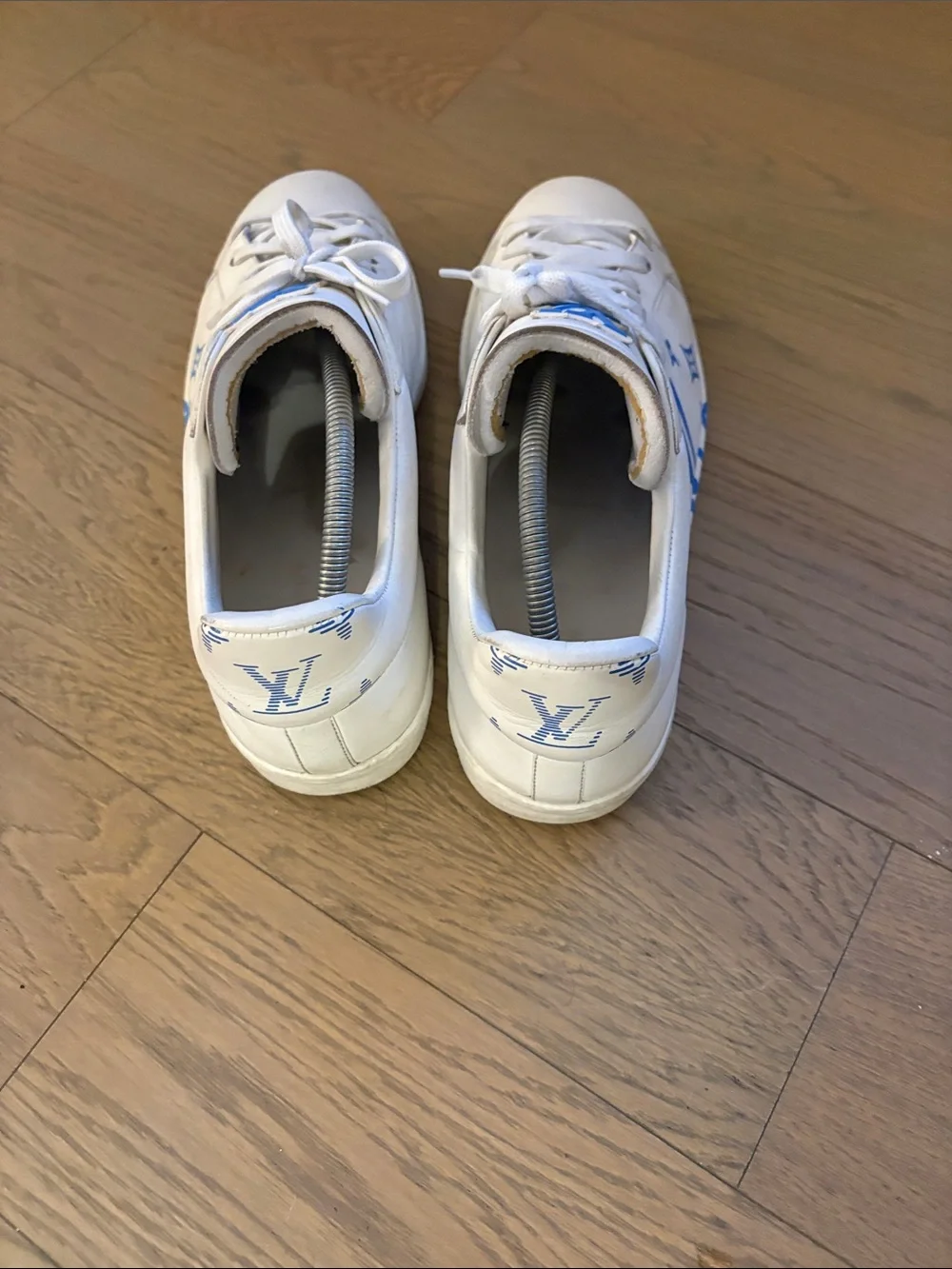 Louis Vuitton White Leather Sneakers with Blue LV Motif
